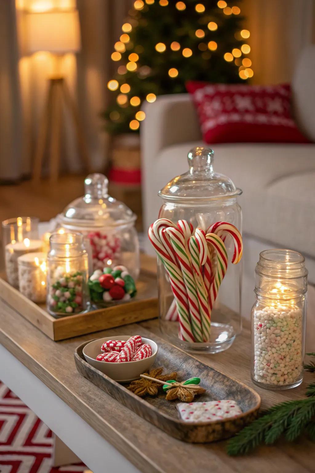 Create eye-catching centerpieces with candy cane jars.