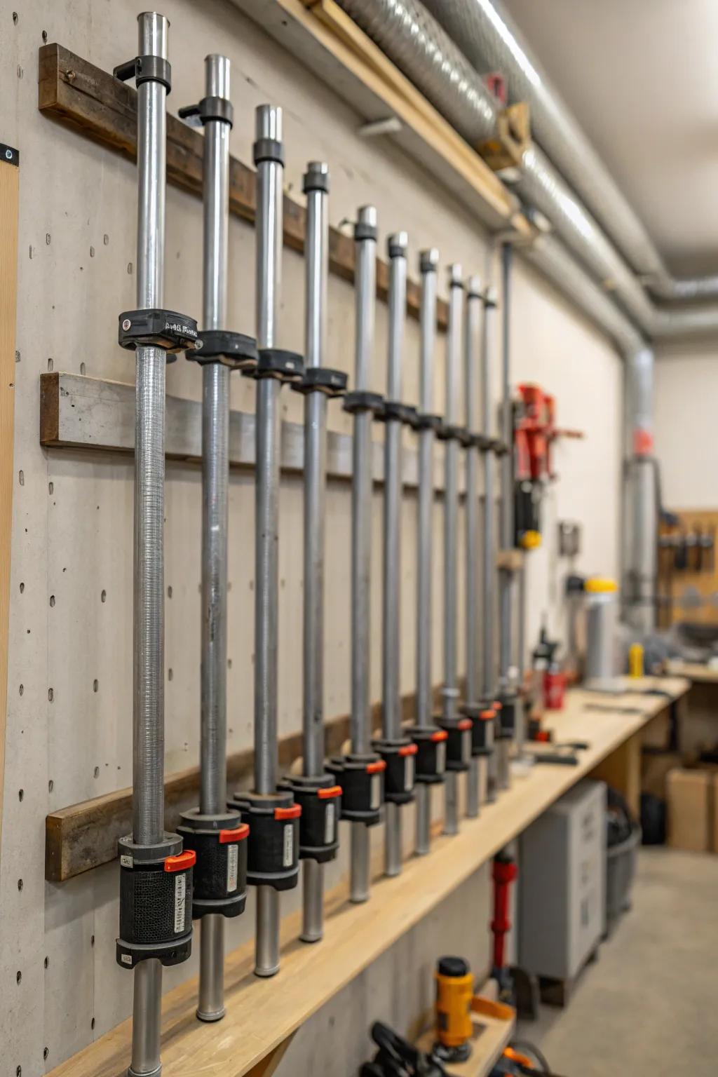 Vertical pipes offer a sturdy and space-saving clamp storage solution.