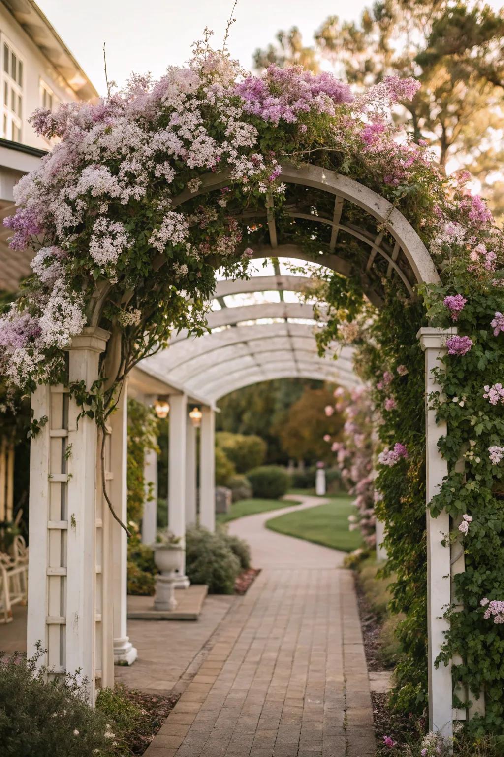 An arched entryway trellis offers a welcoming feature with clematis.