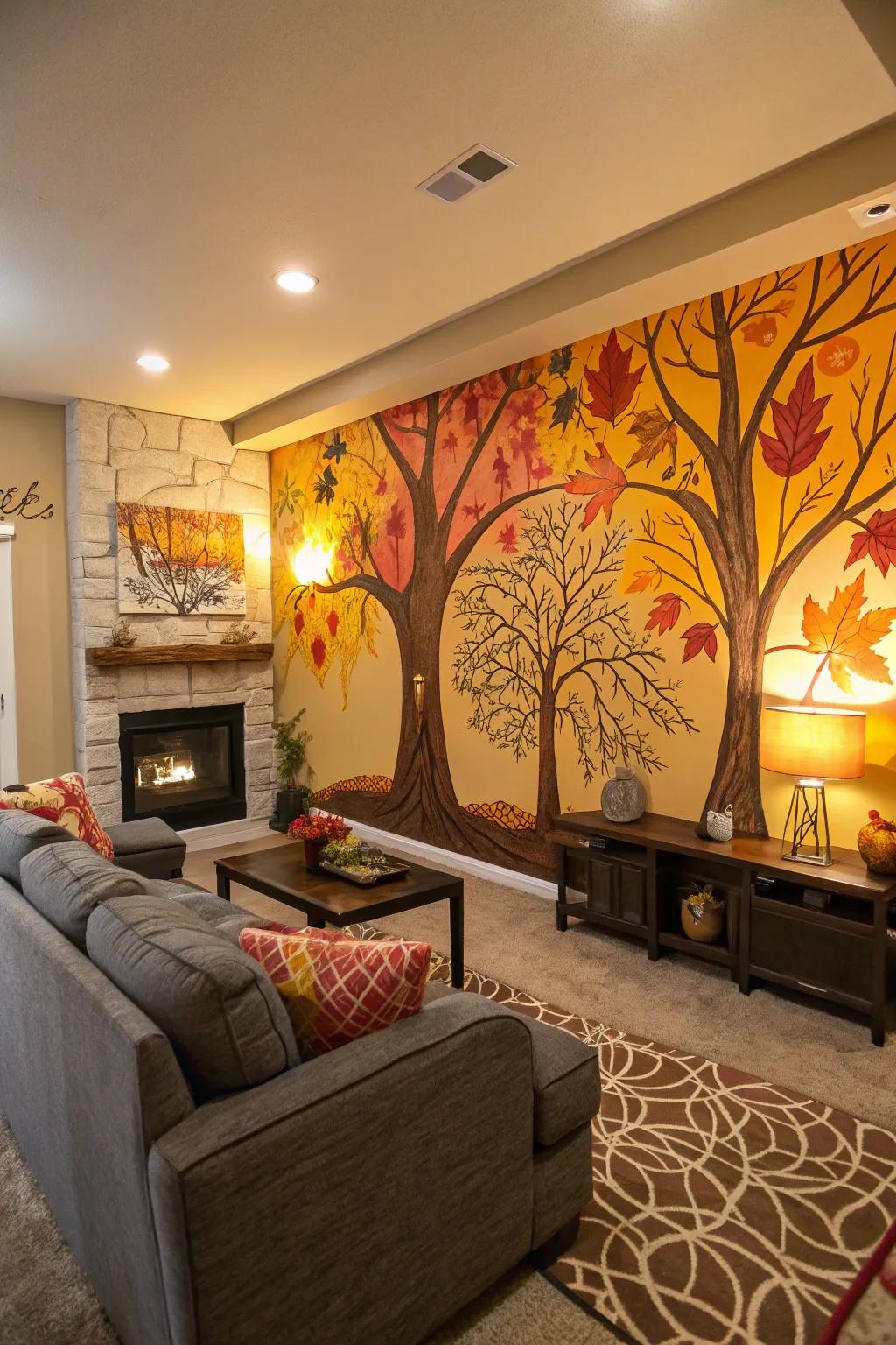 A cozy living room with seasonal graffiti art reflecting autumn colors.