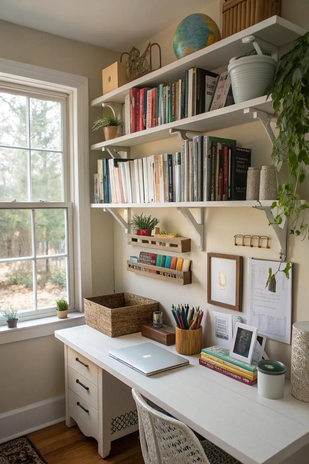 Corbel shelves offer practical storage solutions in home offices.