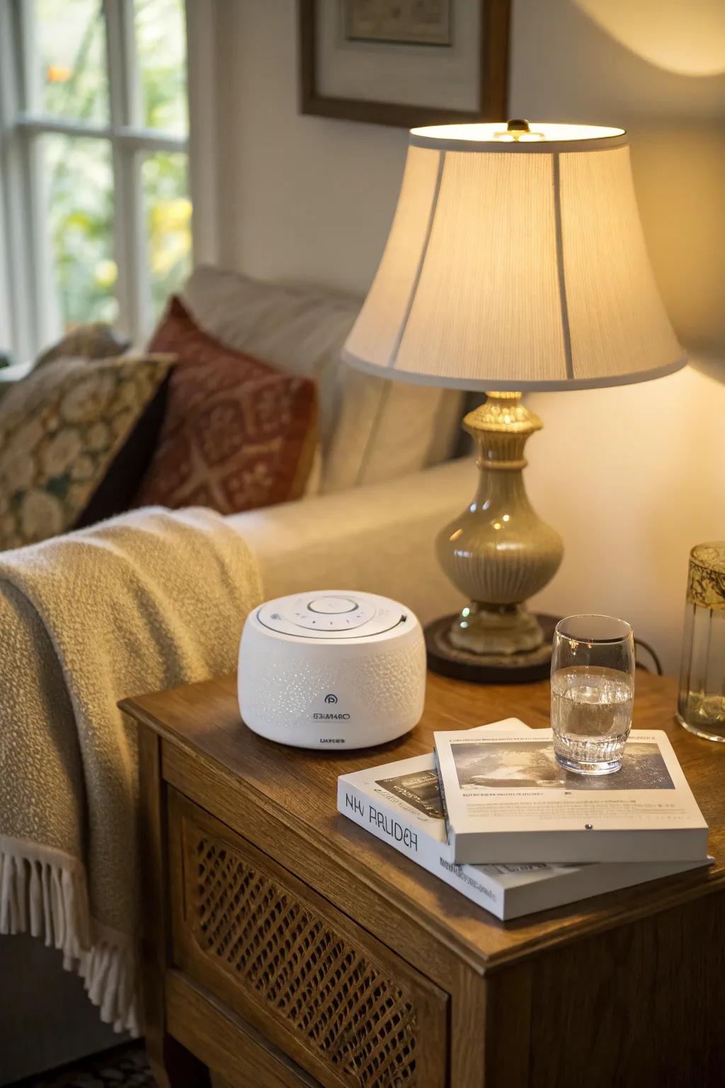 A white noise machine adds a layer of peace, making your room a sanctuary.