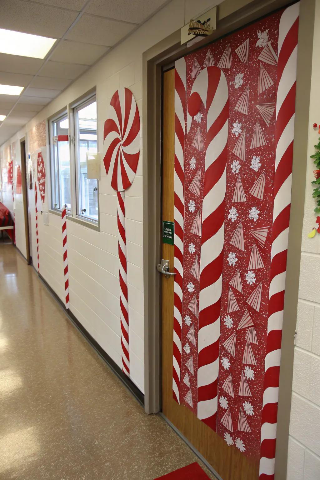 A classroom door with a whimsical candy cane forest, adding holiday delight.