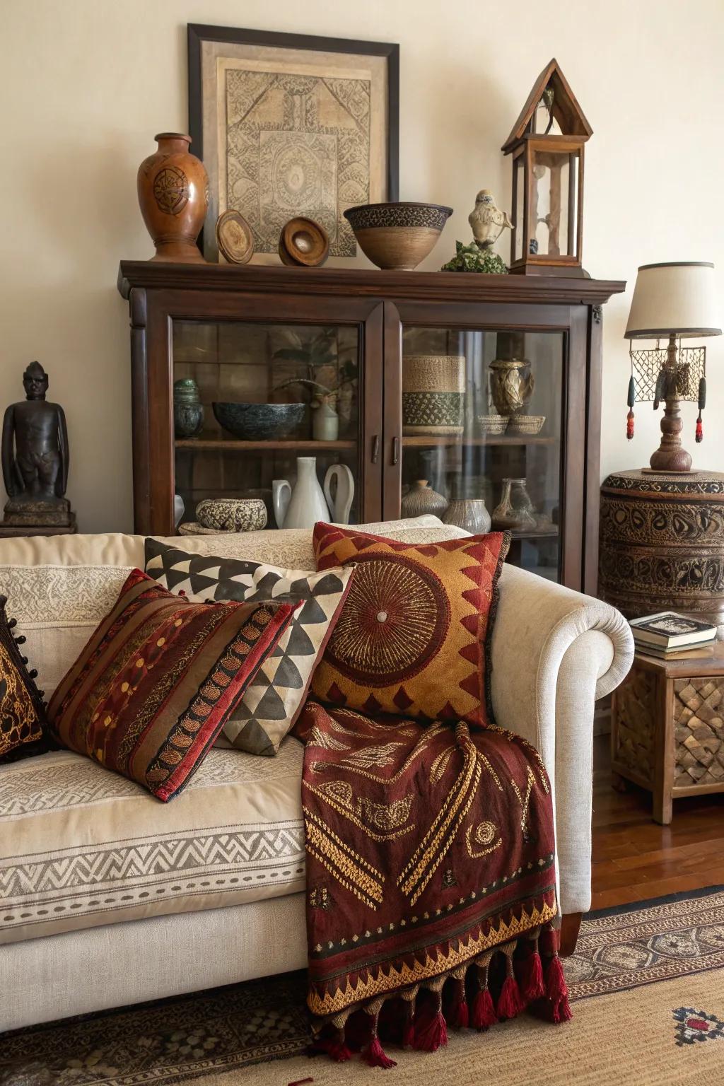 Cultural decor on a credenza tells a personal story.