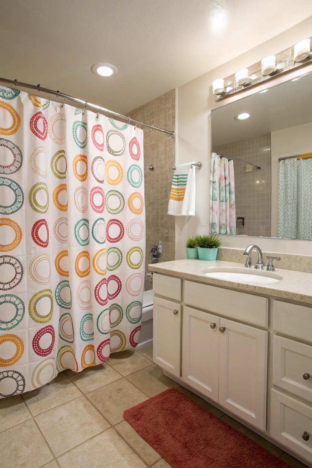 Patterned shower curtain rings add a playful and fun touch to your bathroom.