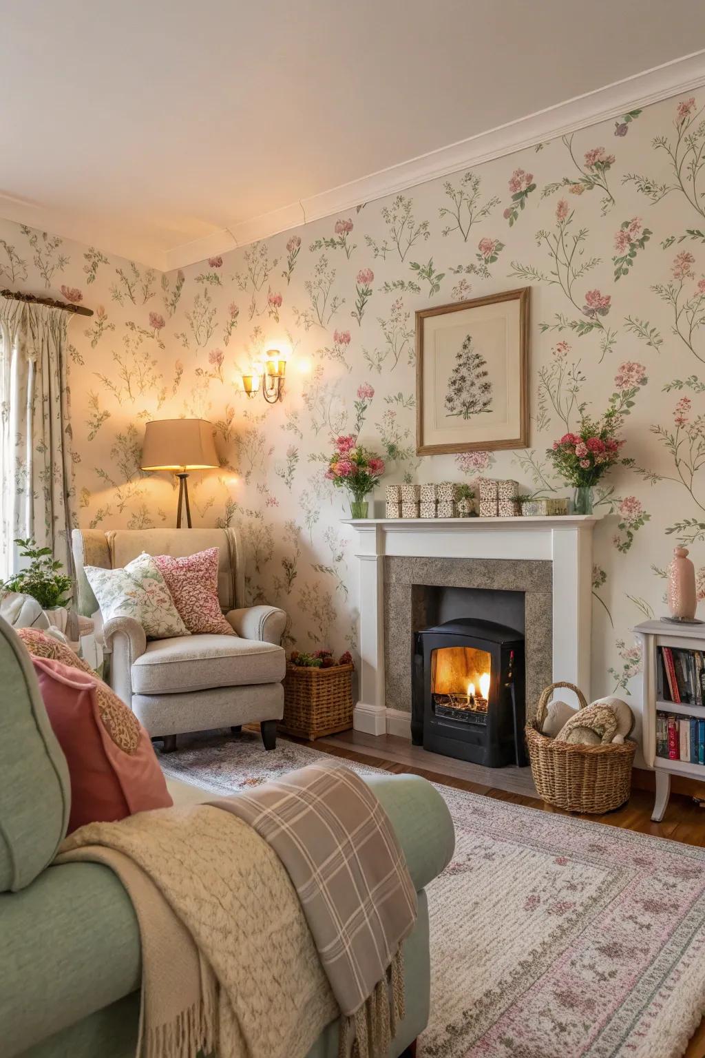 A living room featuring seasonal floral wallpaper, perfect for keeping decor fresh.