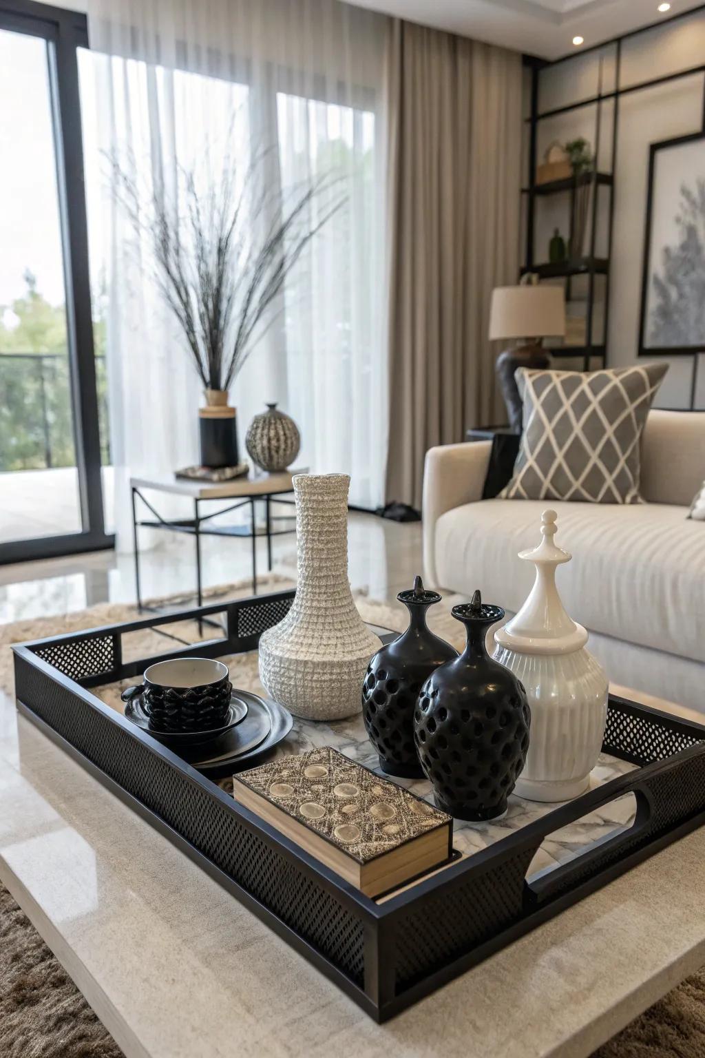 Monochrome magic with a single-color scheme on a decorative tray.