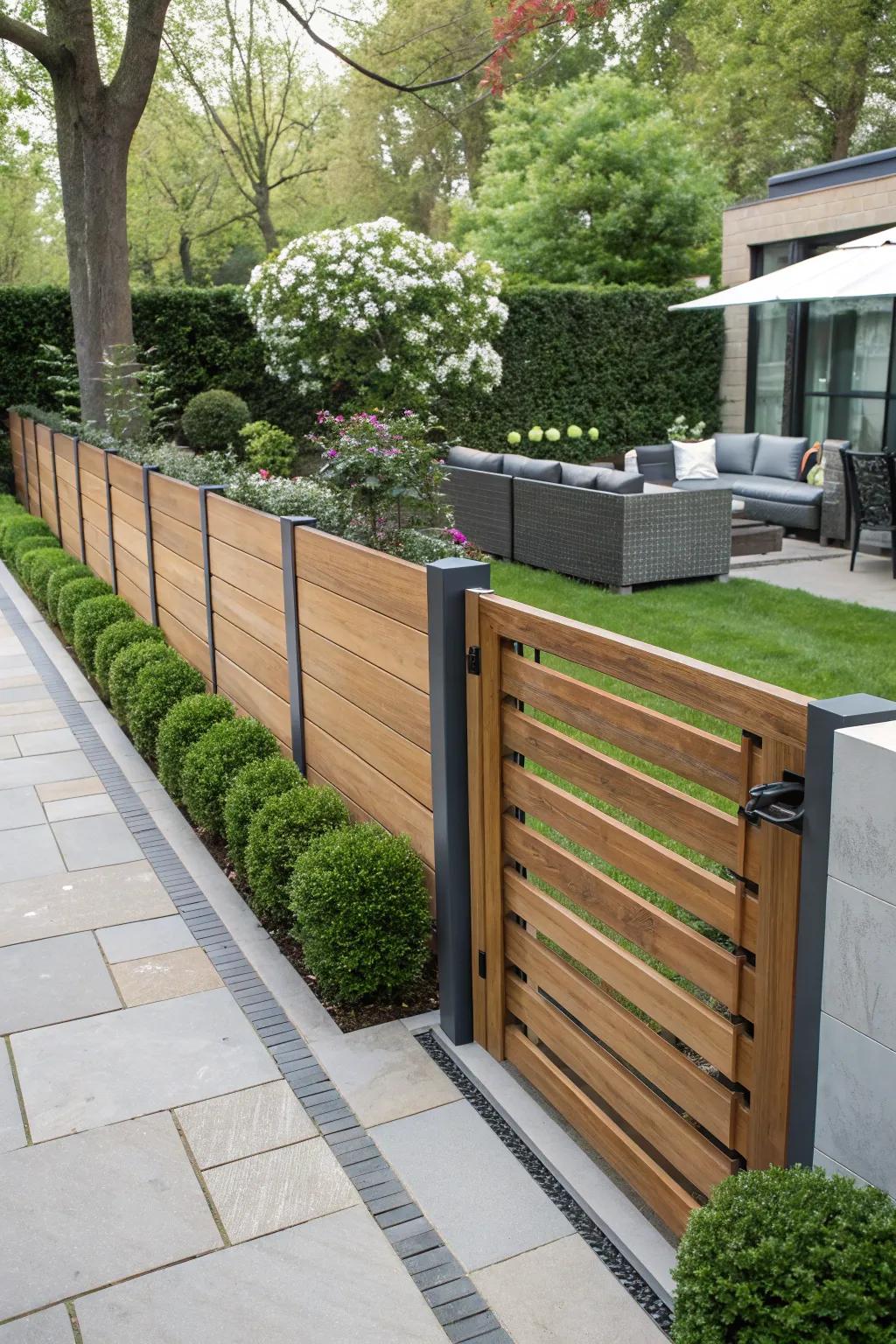 Metal accents bring contrast and strength to wooden fences.