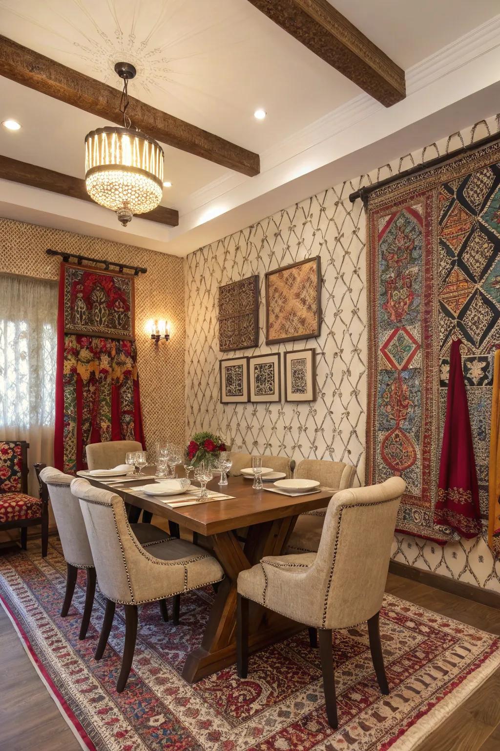 Culturally-inspired wallpaper adds a unique and personal touch to this dining room.