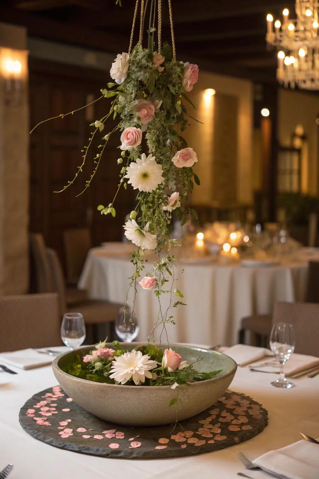 A floating floral centerpiece adds whimsy and elegance to the table.