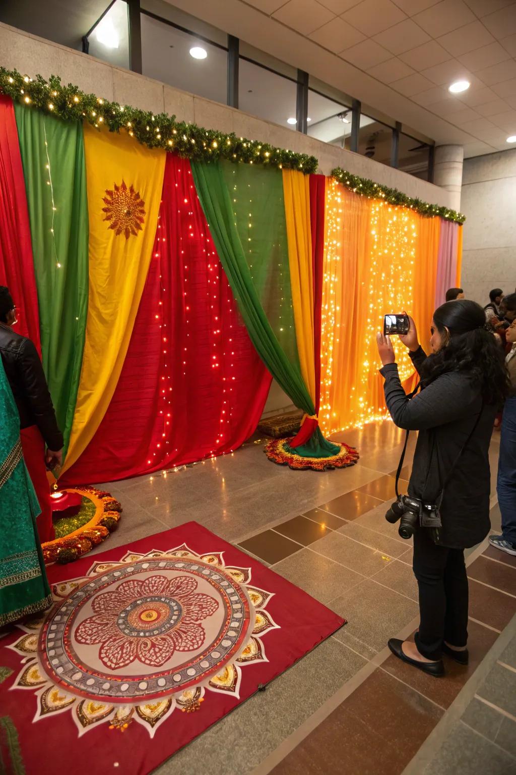 Flowing saris creating a luxurious and cultural photo booth ambiance.