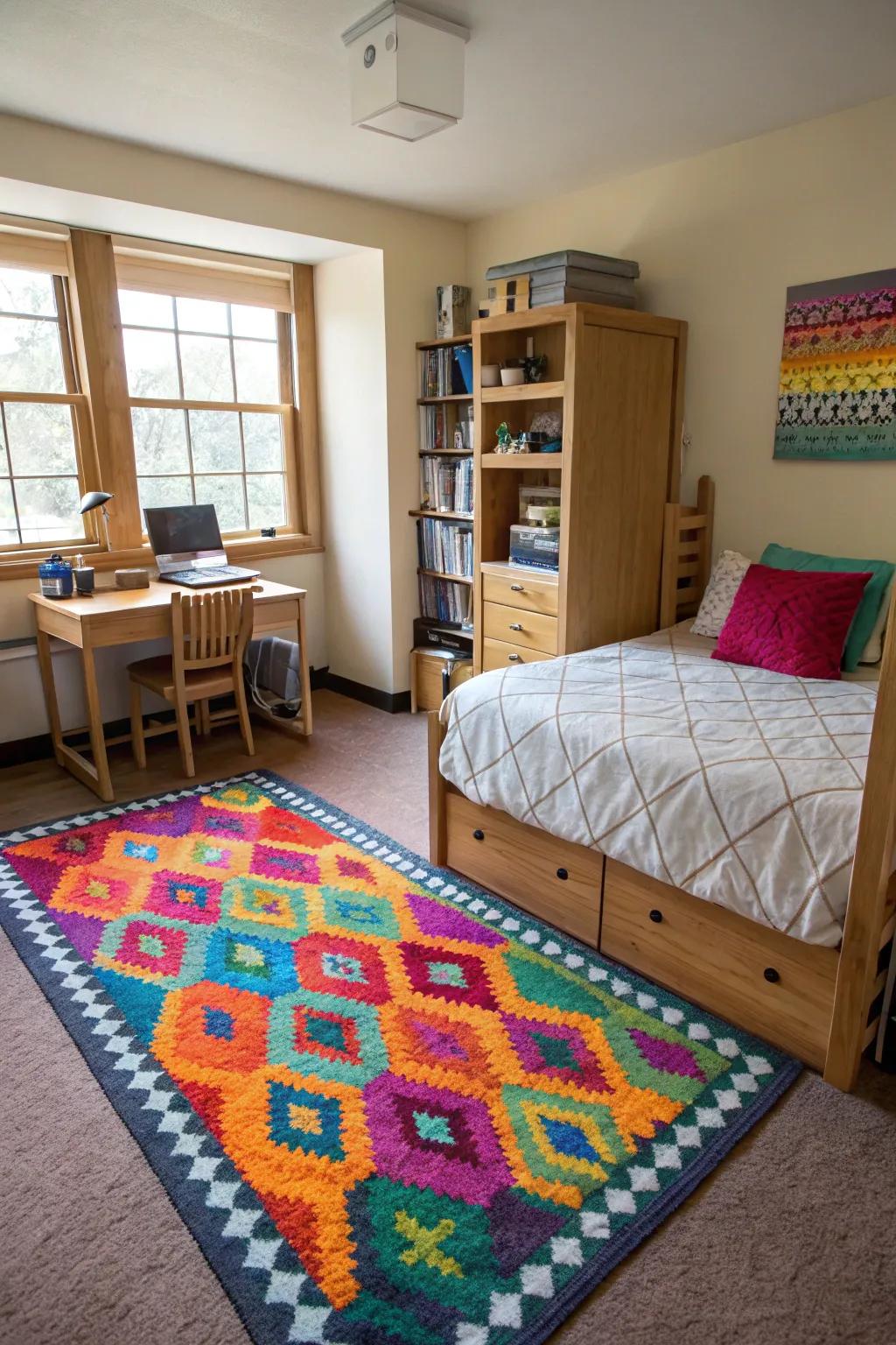 A statement rug can elevate the style and comfort of your dorm.