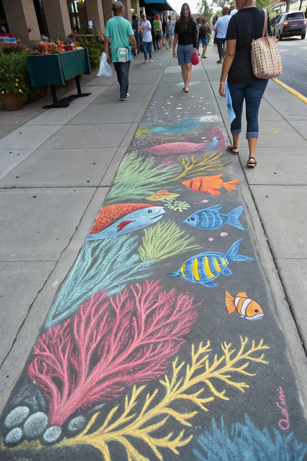 An aquatic adventure in chalk brings the ocean to the sidewalk.