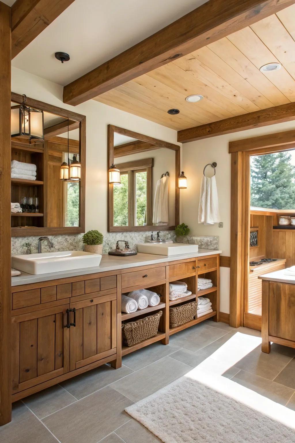 Wood accents bring warmth and charm to your bathroom.