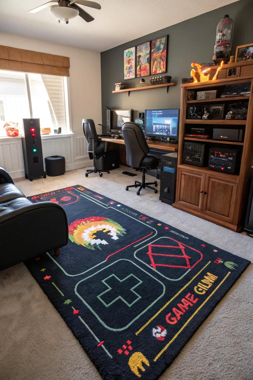 A custom rug anchors and complements the gaming space.