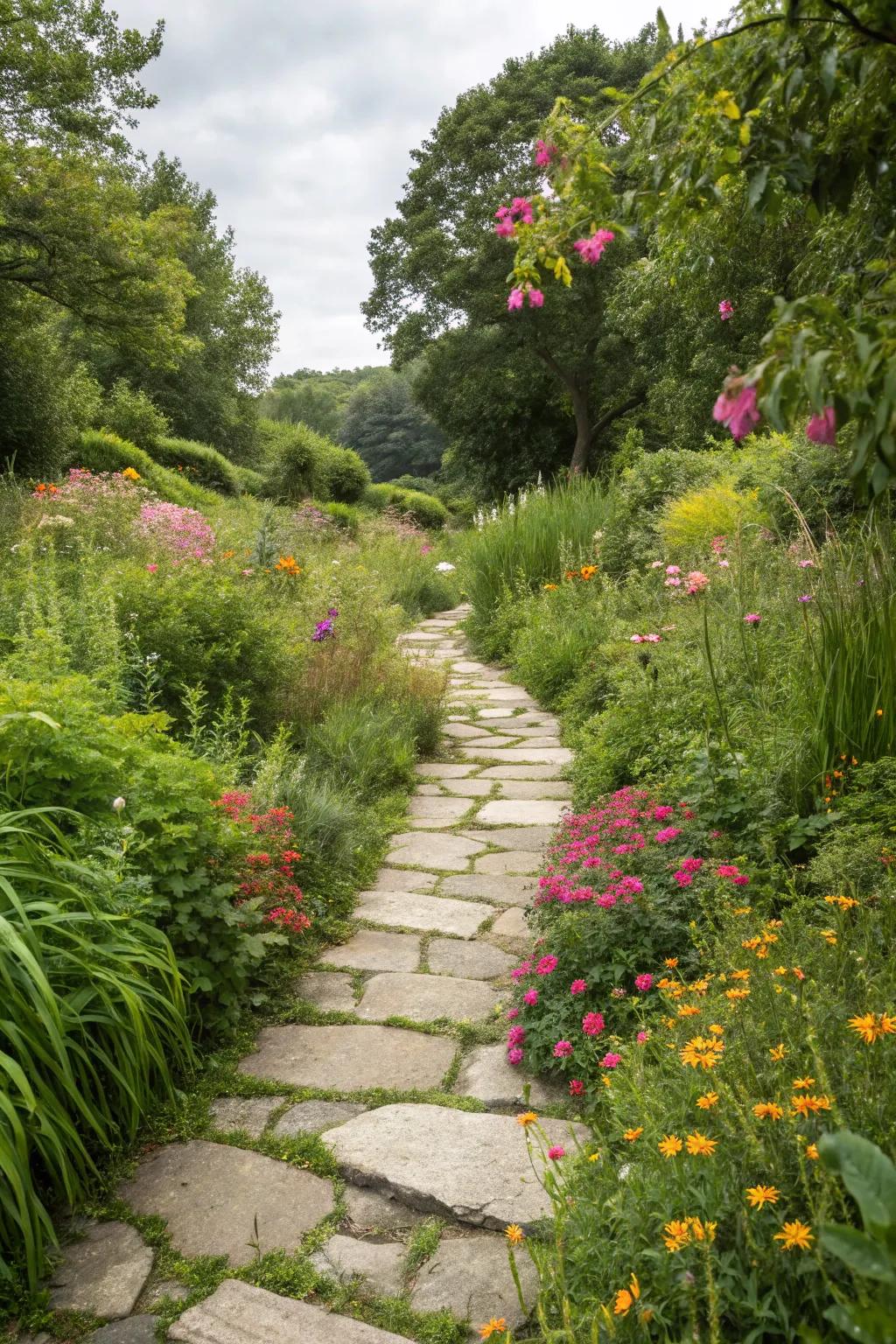 Natural stone pathways add rustic charm to the garden.