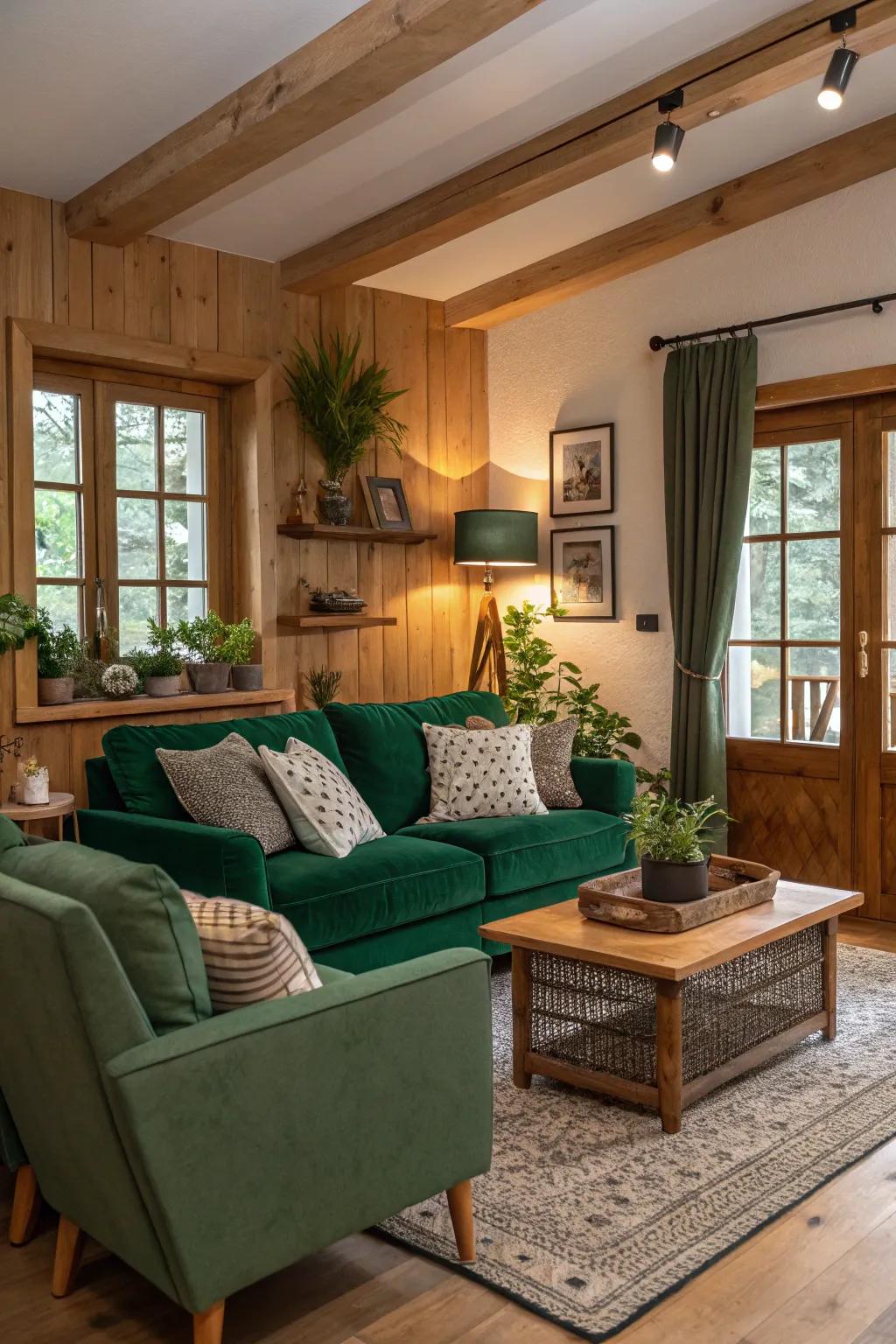 Emerald green and wood create a warm, earthy atmosphere.