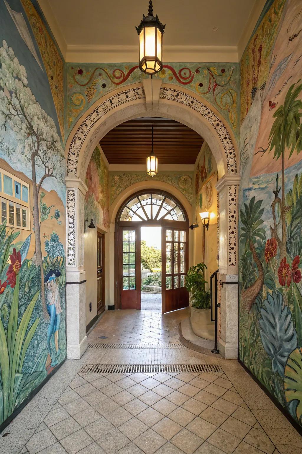 Mural paneling turns the entryway into an artistic masterpiece.