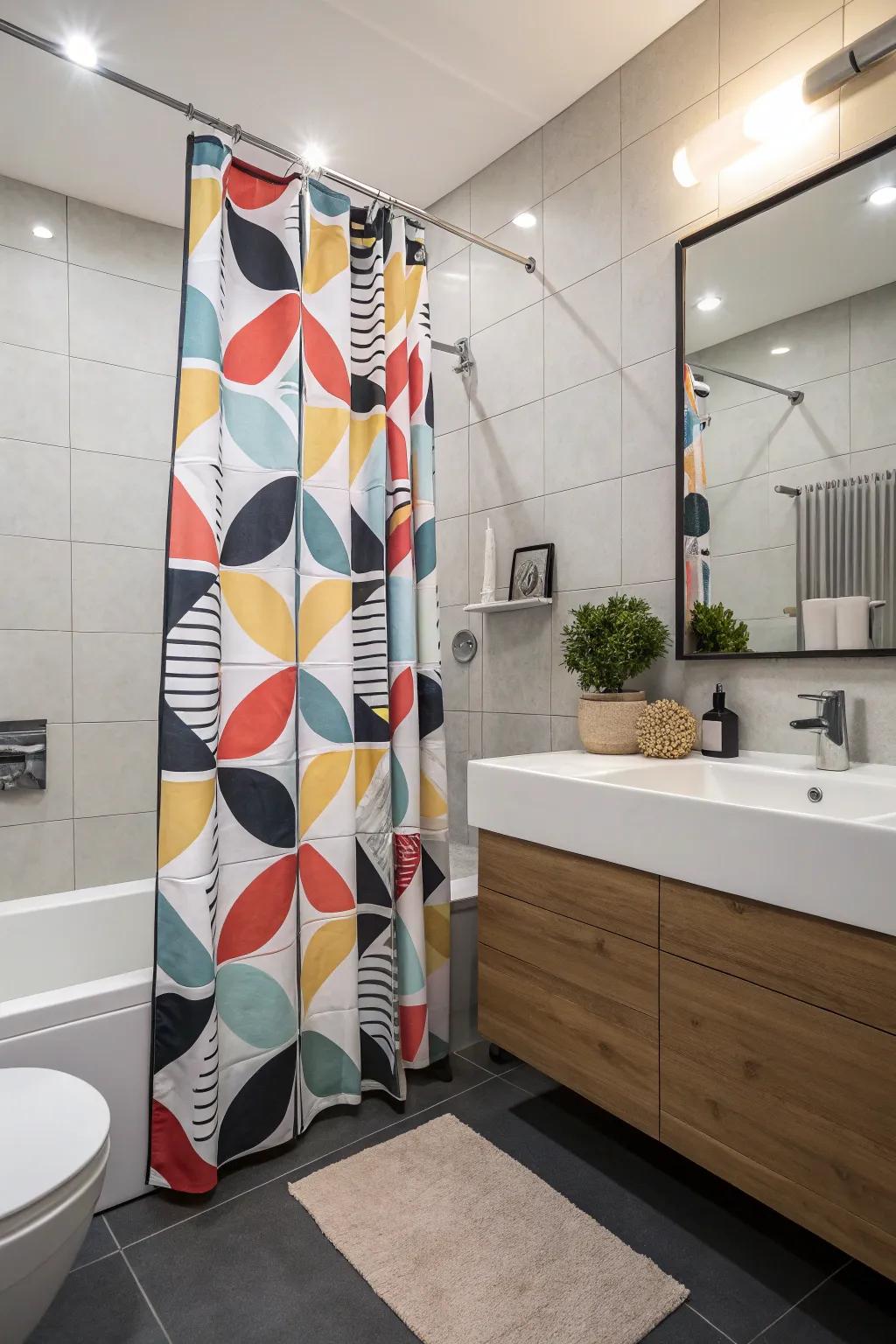 A bathroom featuring a bold graphic shower curtain and modern accents.