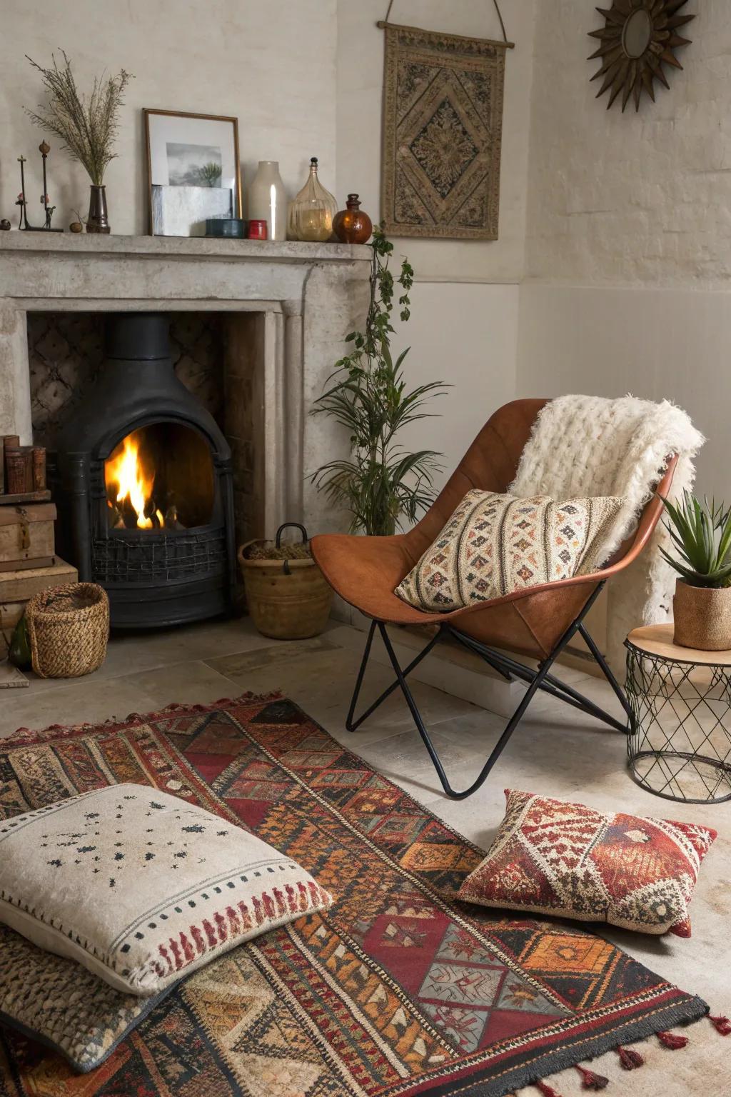 Eclectic decor elements make this fireplace uniquely inviting.