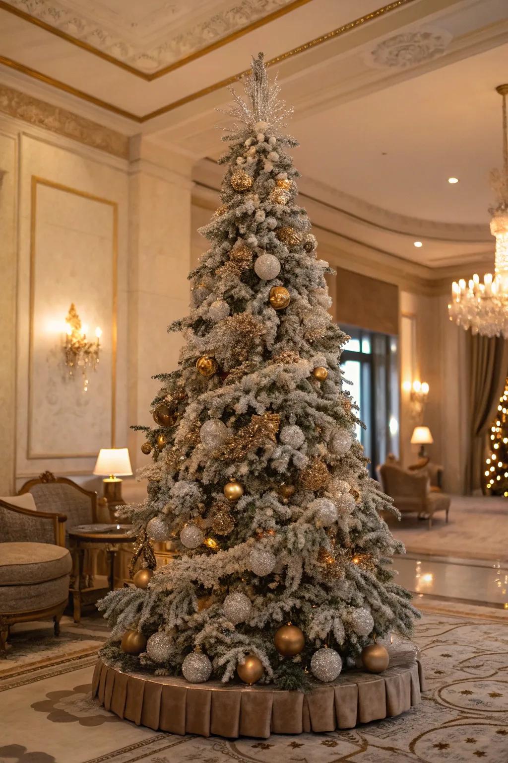 A luxe layers-themed flocked Christmas tree.