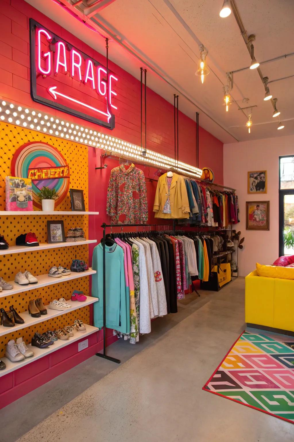 Bold color accents creating focal points in a garage boutique.