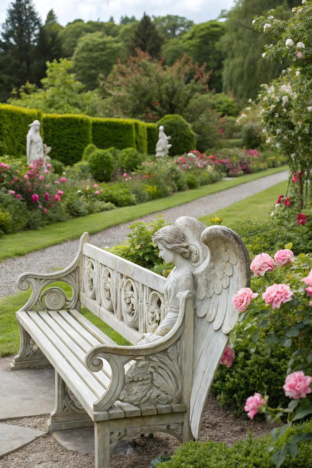 Inviting bench with angelic carvings in the garden.