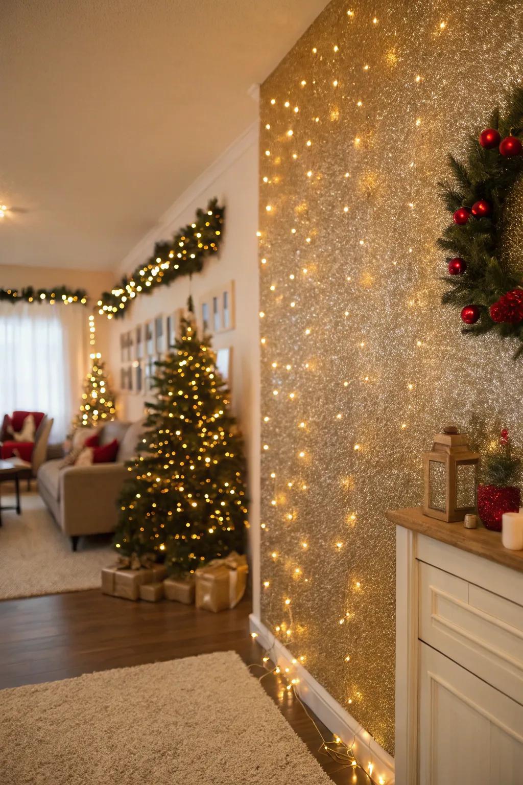 A glitter accent wall adds holiday sparkle to decor.