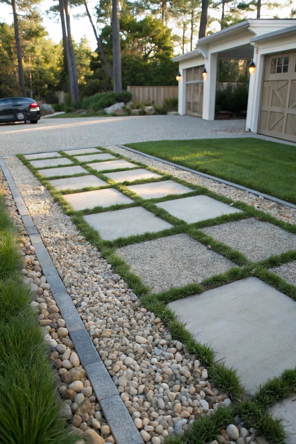 A stylish mix of grass and pebbles for a low-maintenance driveway.