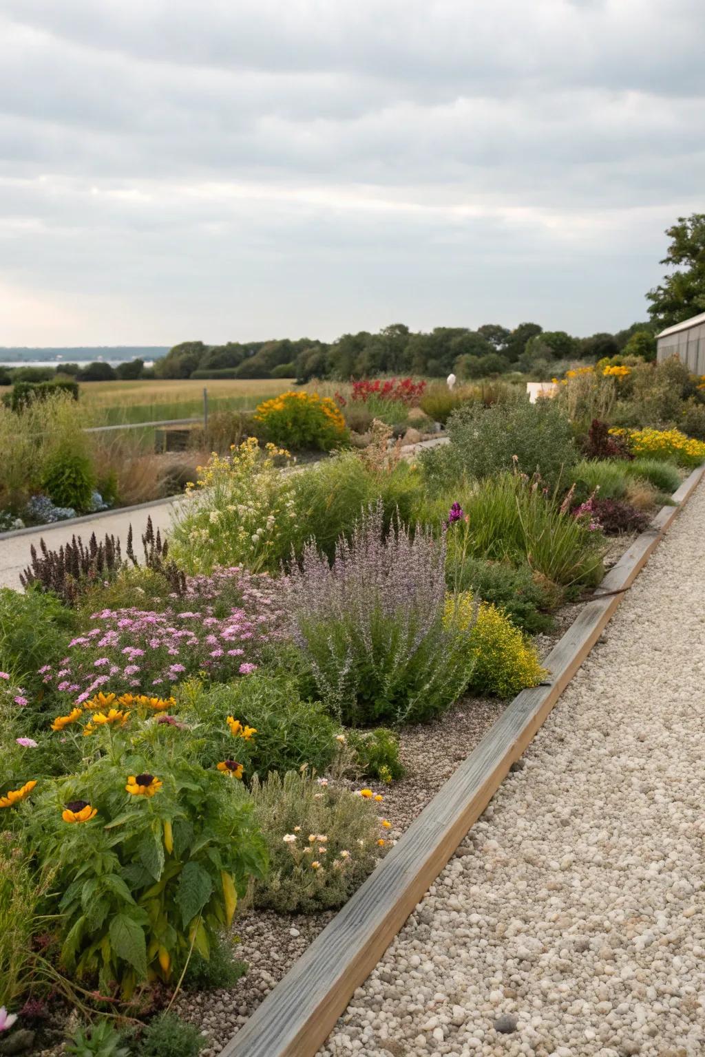 A sustainable gravel flower bed with native plants