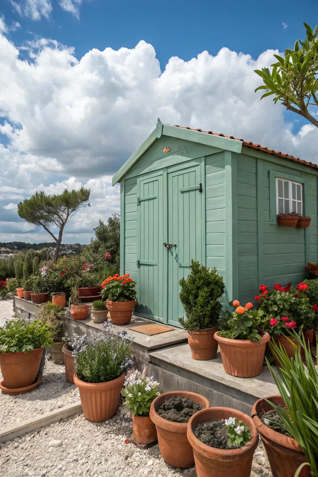 A seafoam green shed brings Mediterranean charm to the garden.