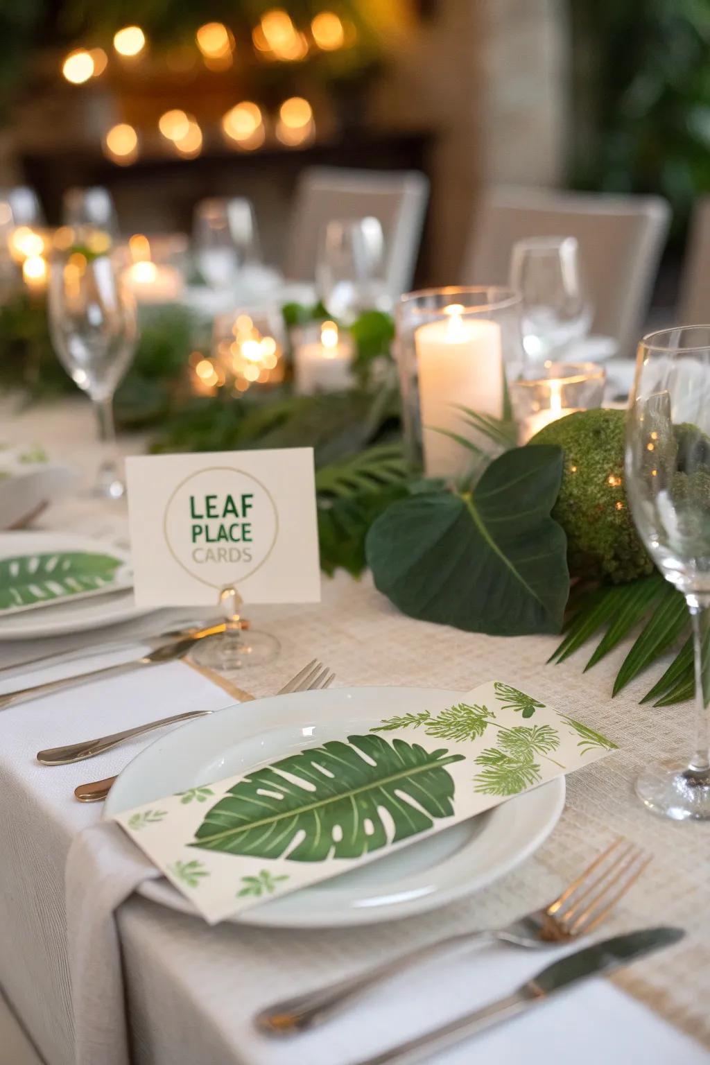 Green leaves used as personalized place cards.