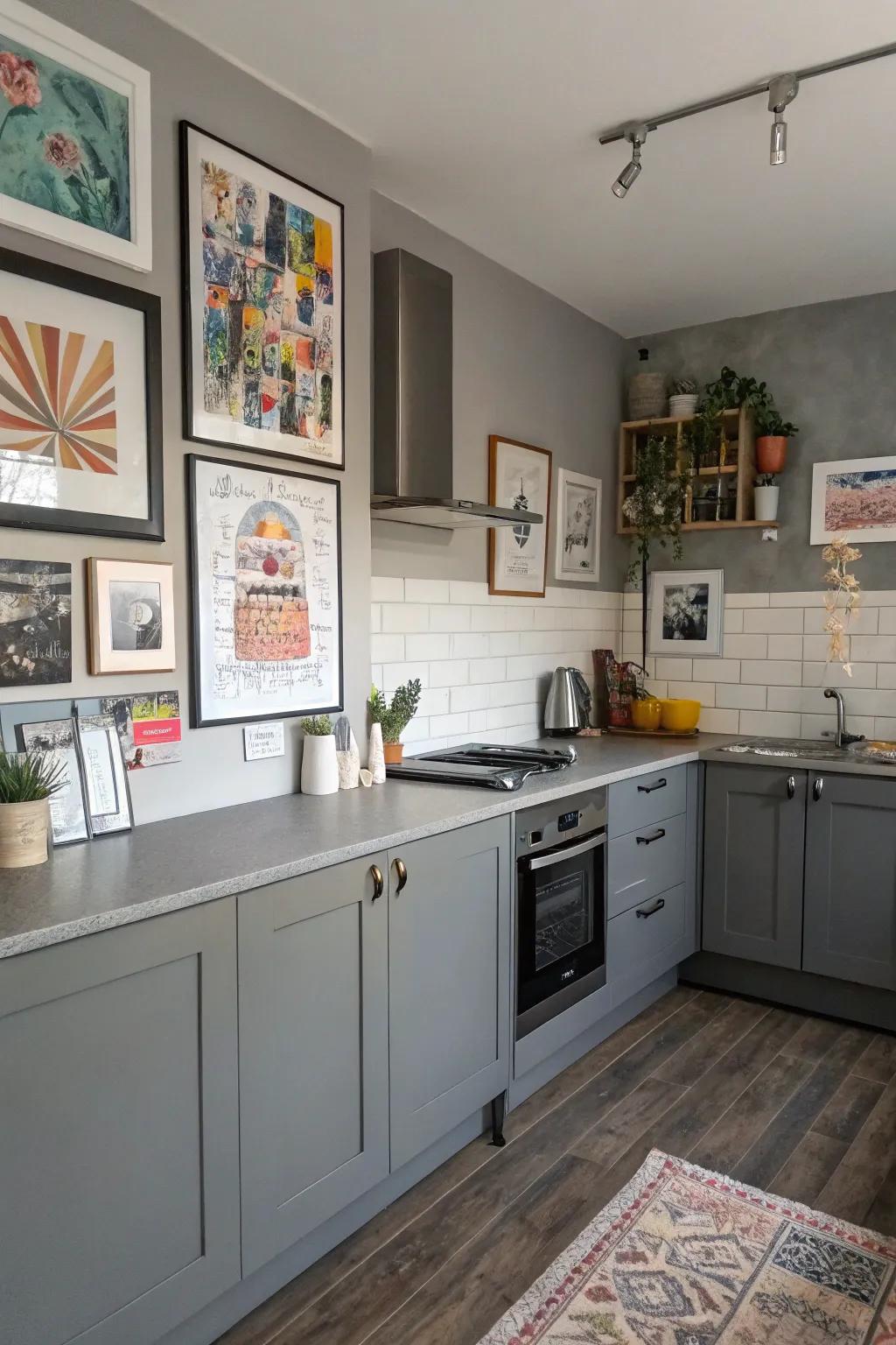 Art adds a personal touch to a grey kitchen, making it truly yours.