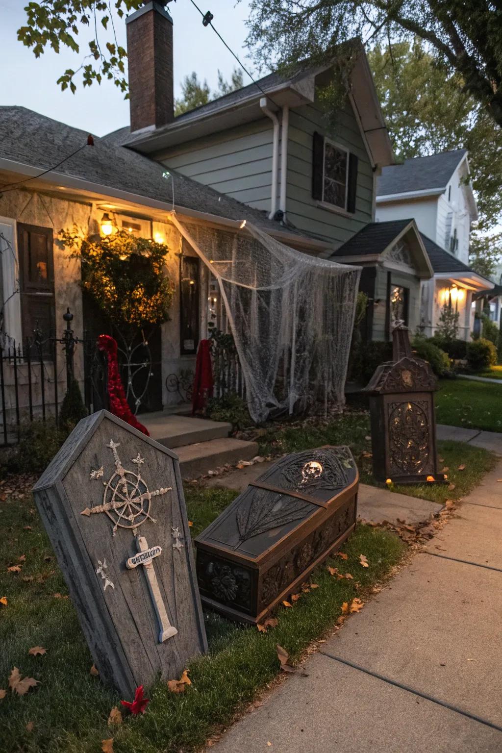 A sophisticated vampire lair adds elegance and spookiness to the yard.