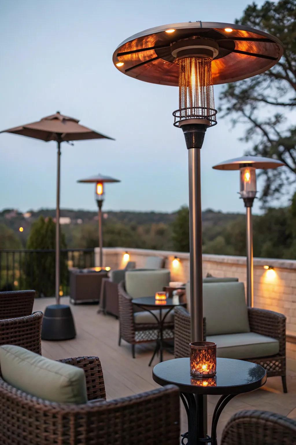 An outdoor patio with heat lamps, perfect for cozy gatherings during cool evenings.