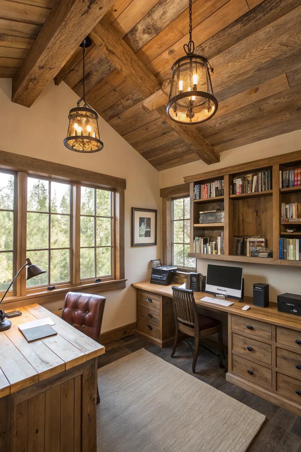 Wooden fixtures bring rustic charm and warmth to your office.