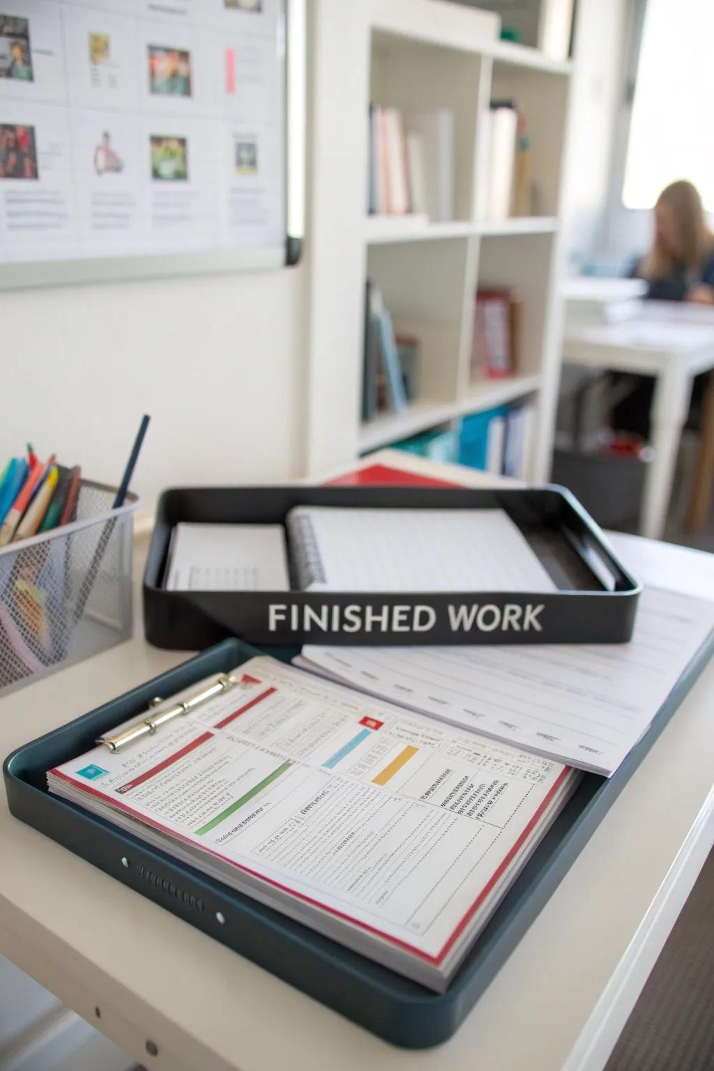 A 'Finished Work' tray keeps completed tasks organized.