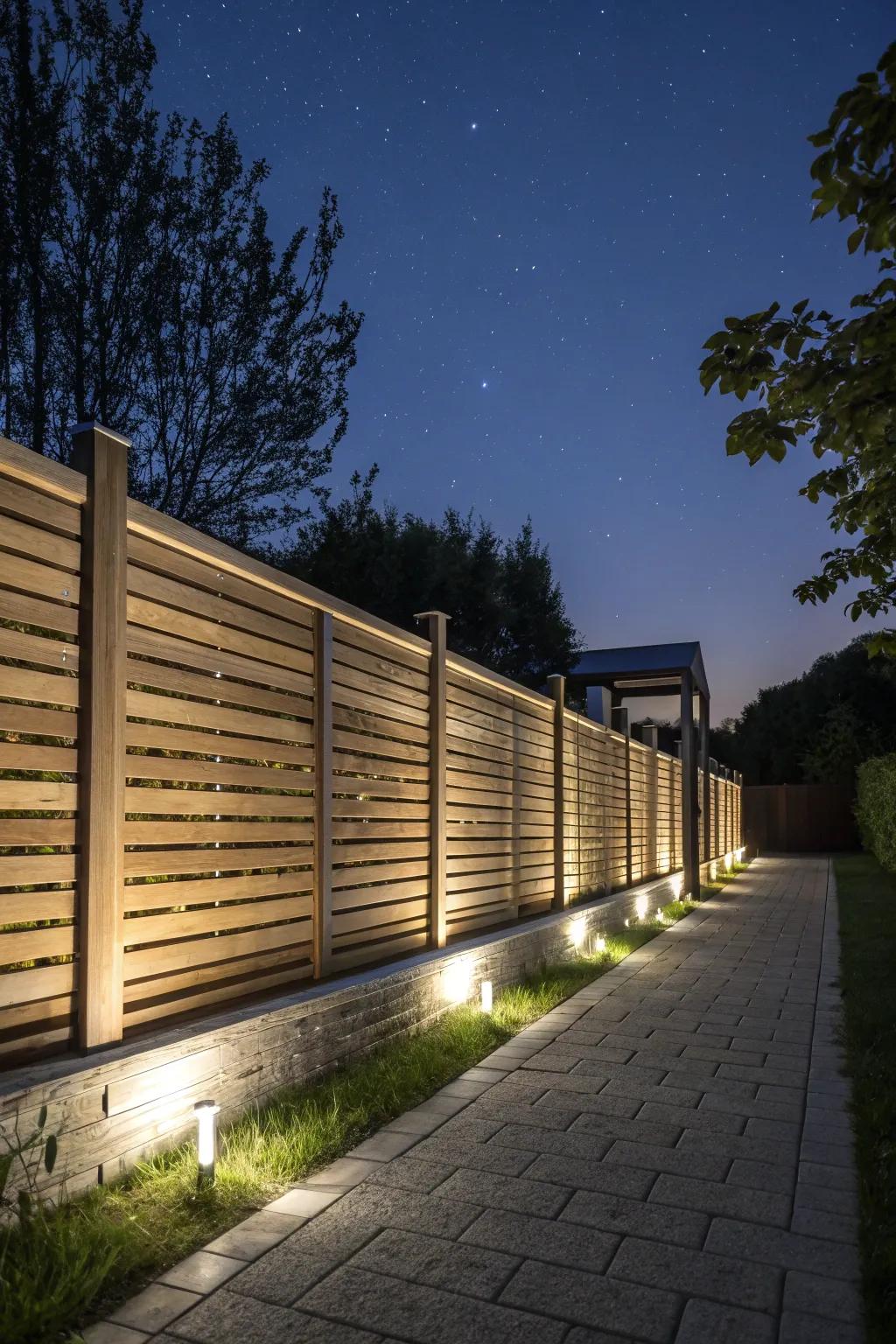 LED lighting transforms fences into nighttime focal points.