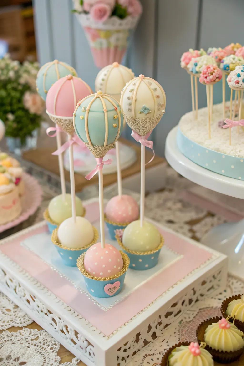 Delightful cake pops resembling mini hot air balloons.