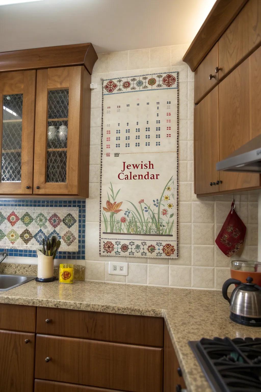 A Jewish calendar blending functionality and tradition in a kitchen.