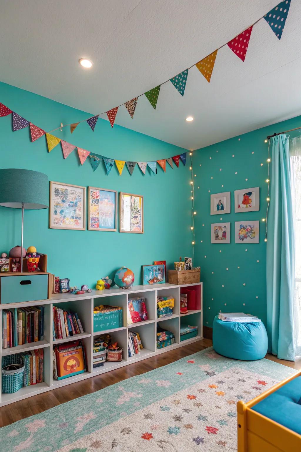 Vivid turquoise creates a lively and inspiring space.