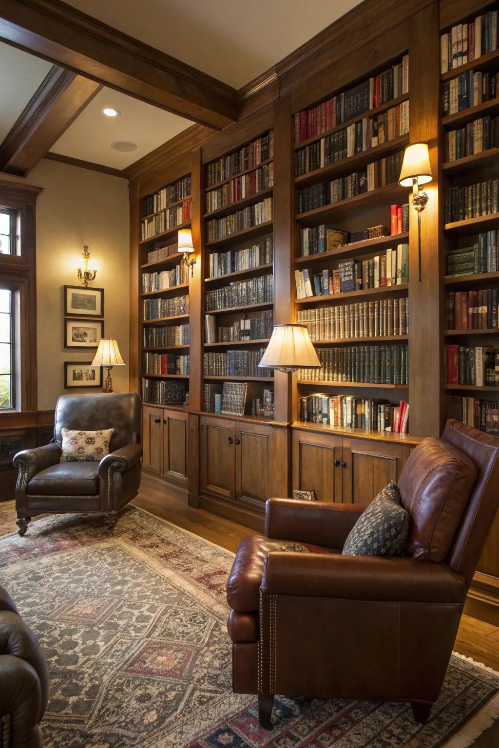 A personal library offers a serene escape filled with literary treasures.