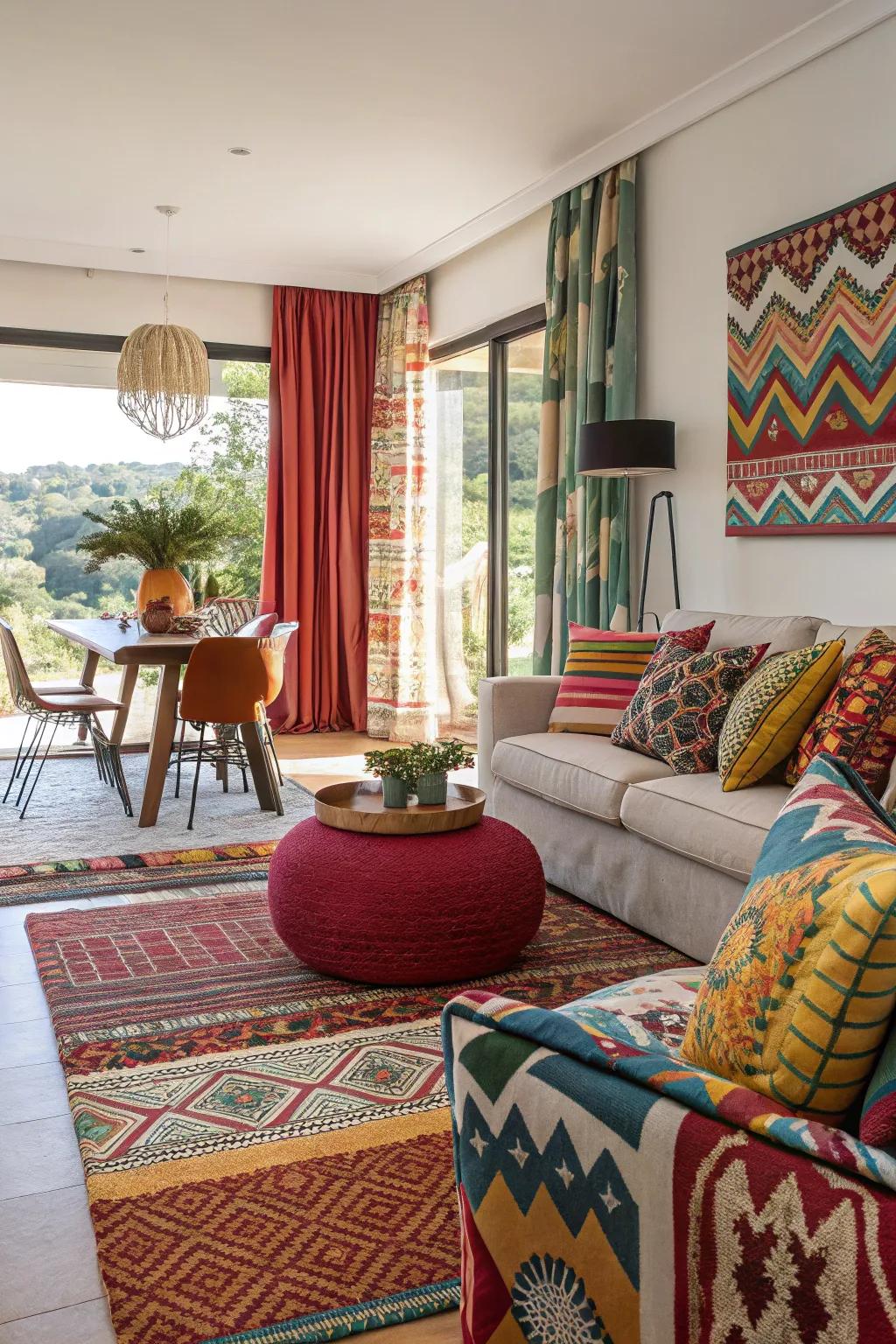 Bold patterns bring energy and vibrancy to a combined space.