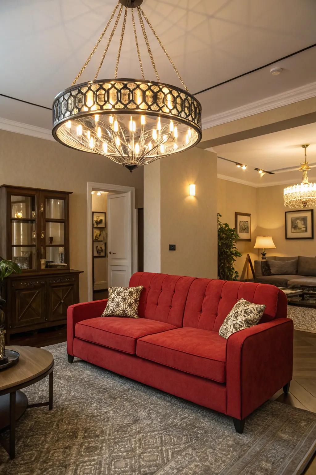 Statement lighting highlights your red couch, anchoring it as the room's focal point.