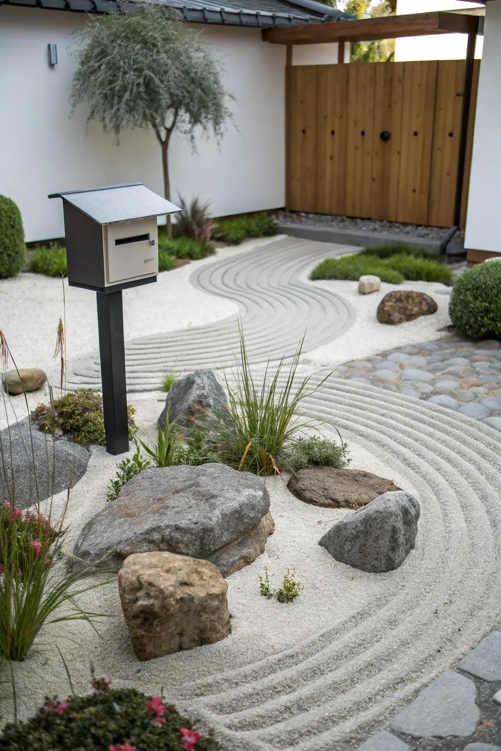 A minimalist zen garden brings tranquility and simplicity to your mailbox.