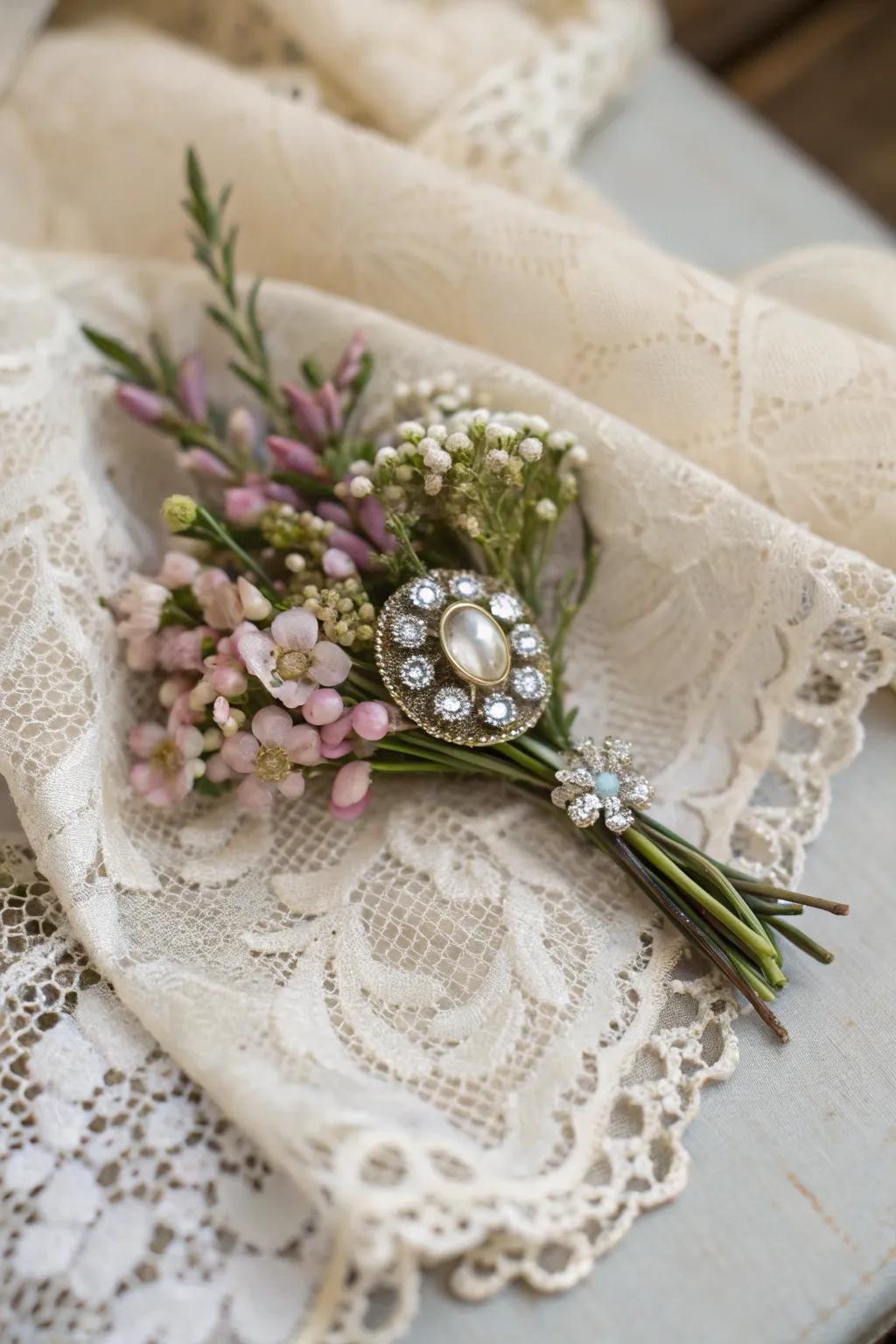A vintage brooch adds heritage and style.