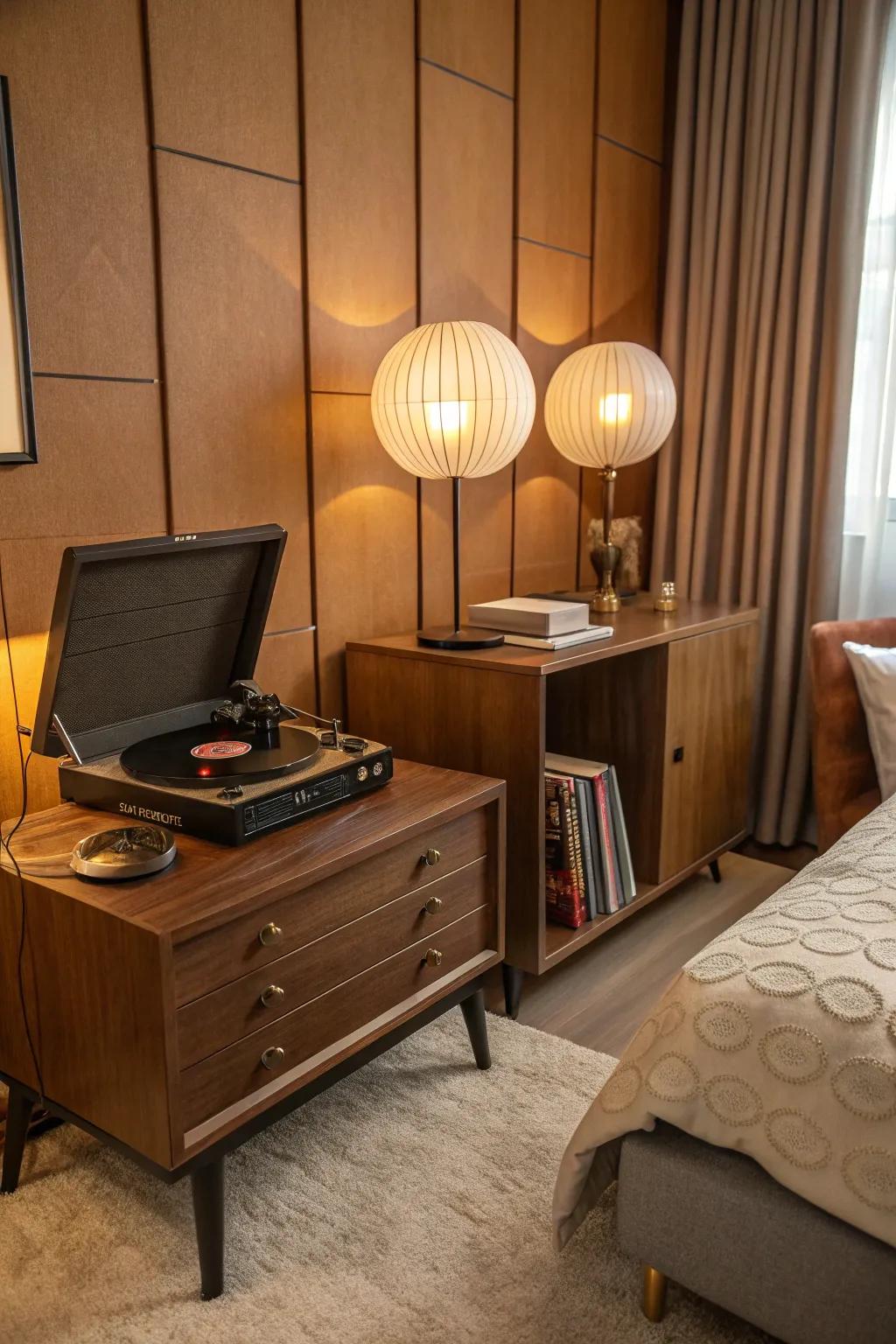 Vintage elements, including a classic record player, enrich this mid-century modern bedroom.