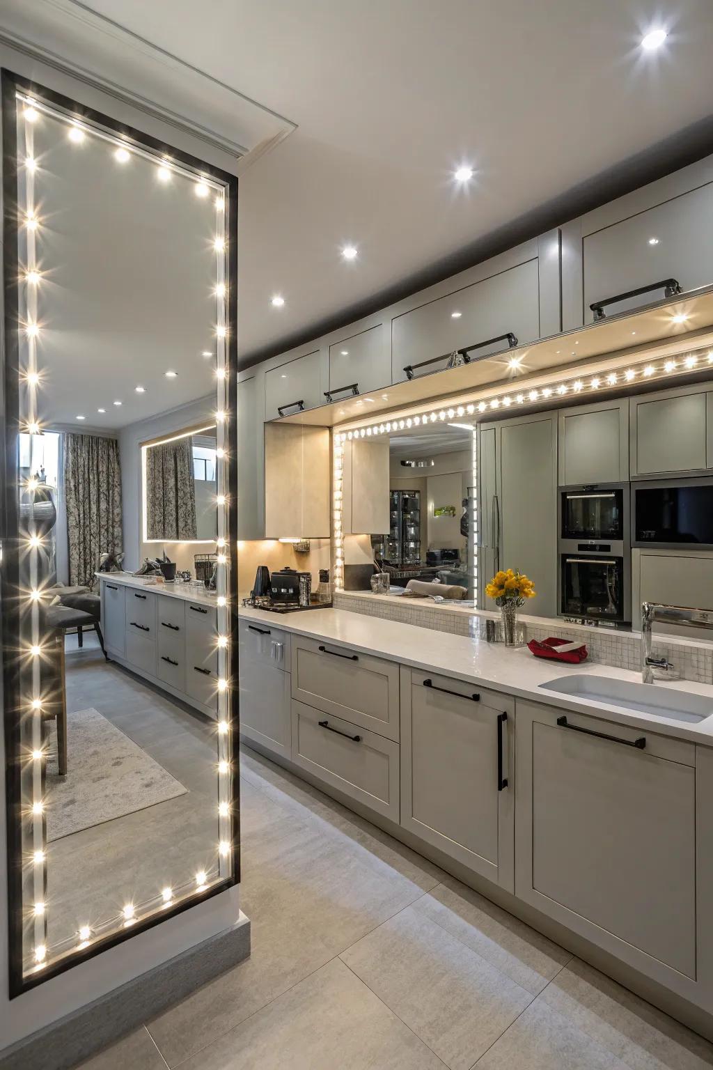 Mirrors with integrated lighting adding style and practicality to the kitchen.