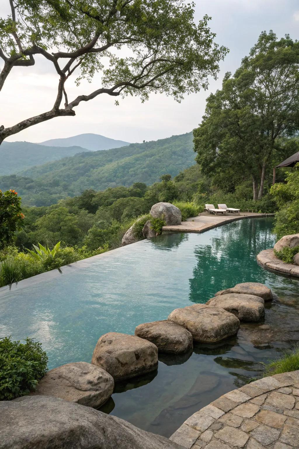 Rock formations enhance the pool's natural aesthetic.