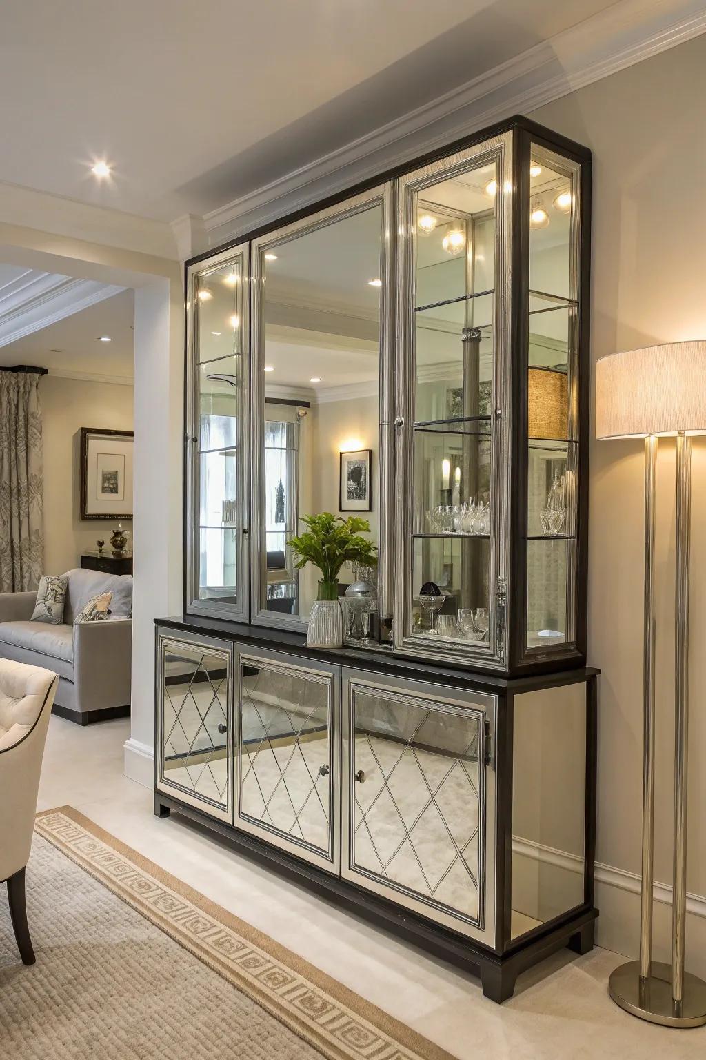 Mirrors reflect light and add sophistication to the hutch.